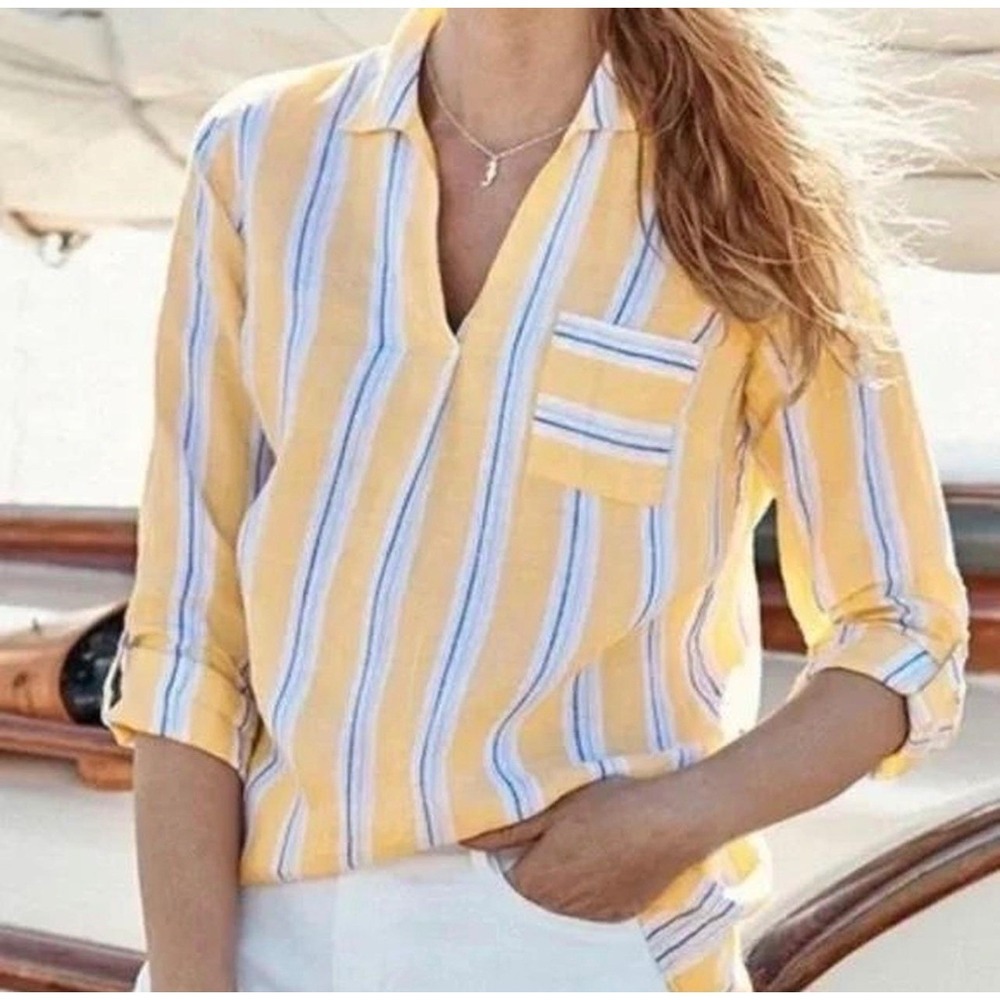 J.JILL Love Linen Size L TALL Daisy Tab Sleeve Pop Over Tunic Top Yellow Coastal